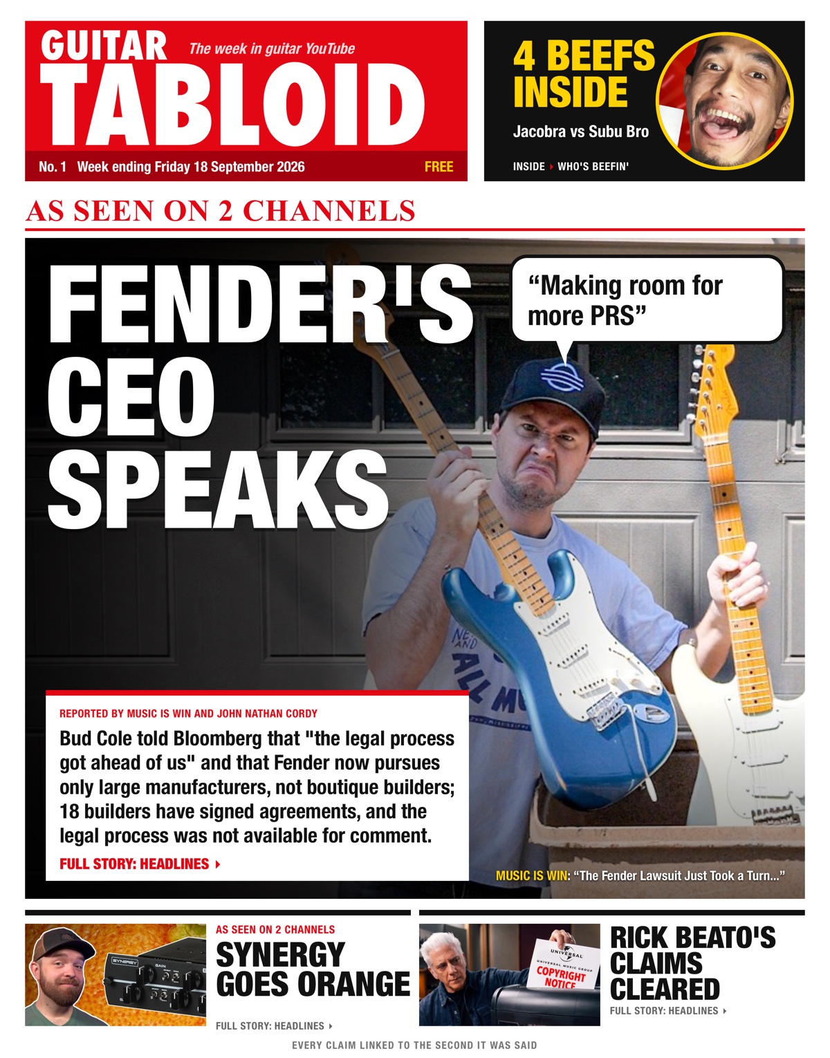 Guitar Tabloid, Week ending Friday 18 September 2026: Fender's CEO speaks; Synergy goes Orange; Rick Beato's claims cleared