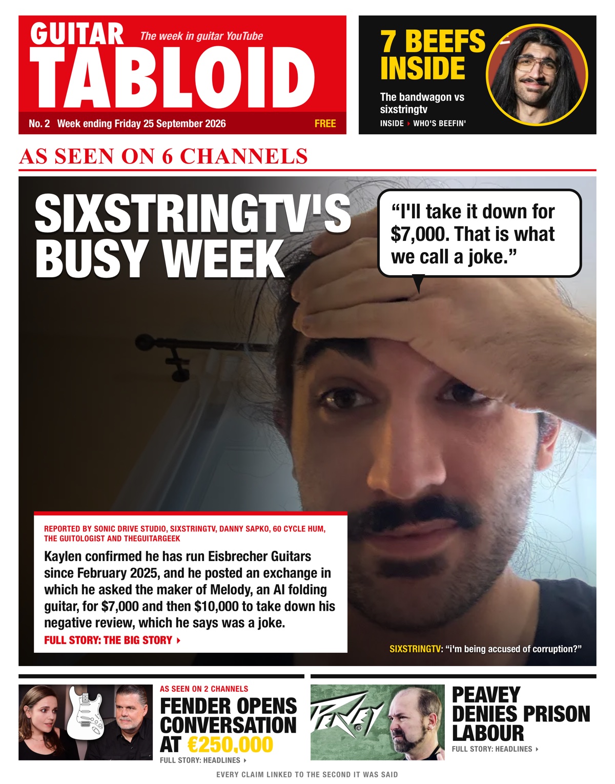 Guitar Tabloid, Week ending Friday 25 September 2026: sixstringtv's busy week; Fender opens conversation at €250,000; Peavey denies prison labour