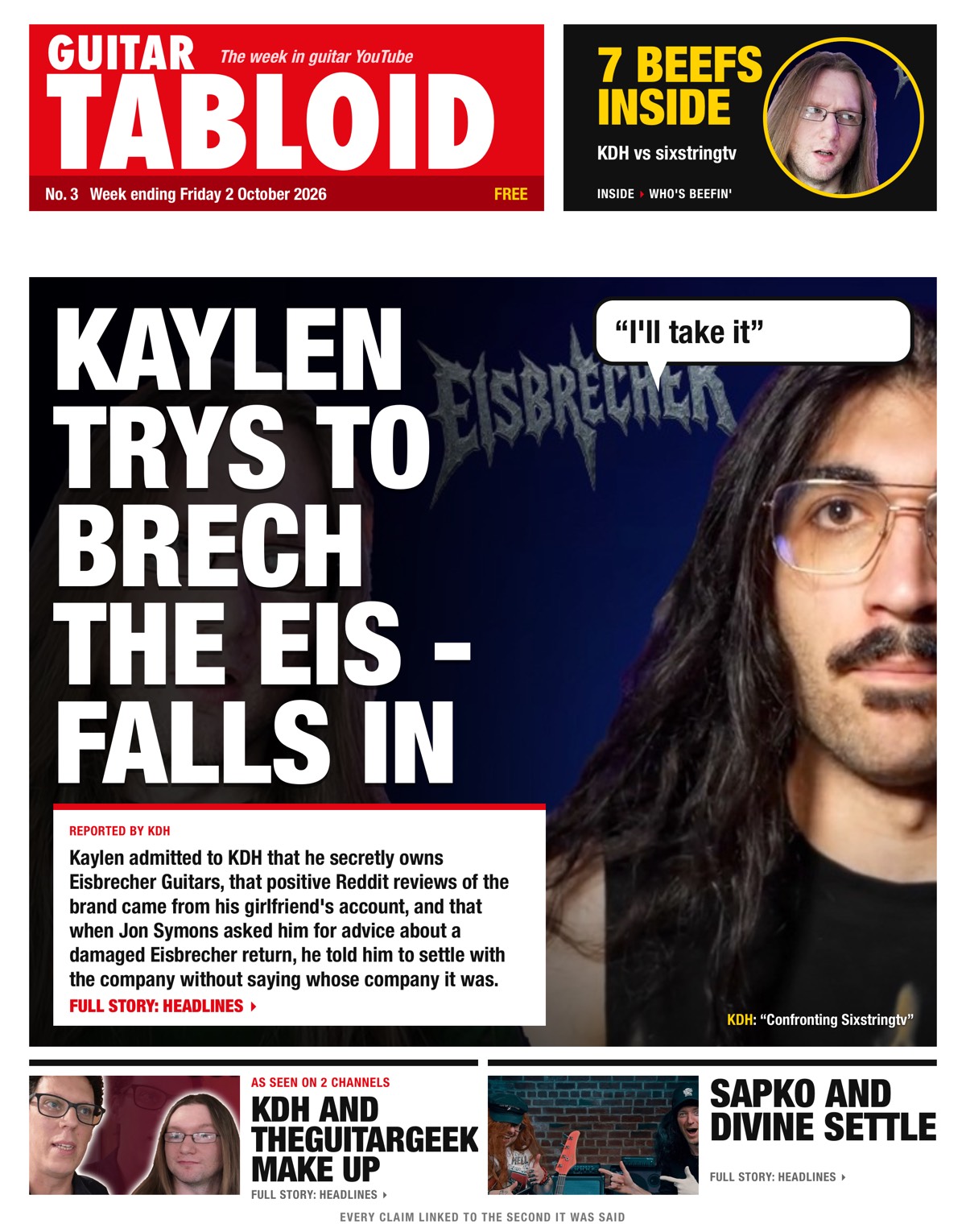 Guitar Tabloid, Week ending Friday 2 October 2026: Kaylen trys to brech the eis - falls in; KDH and TheGuitarGeek make up; Sapko and Divine settle