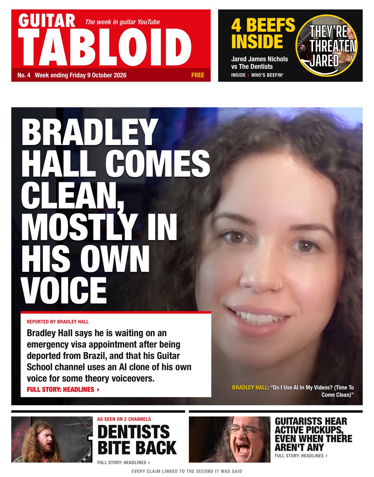Guitar Tabloid, Week ending Friday 9 October 2026: Bradley Hall comes clean, mostly in his own voice; Dentists bite back; Guitarists hear active pickups, even when there aren't any